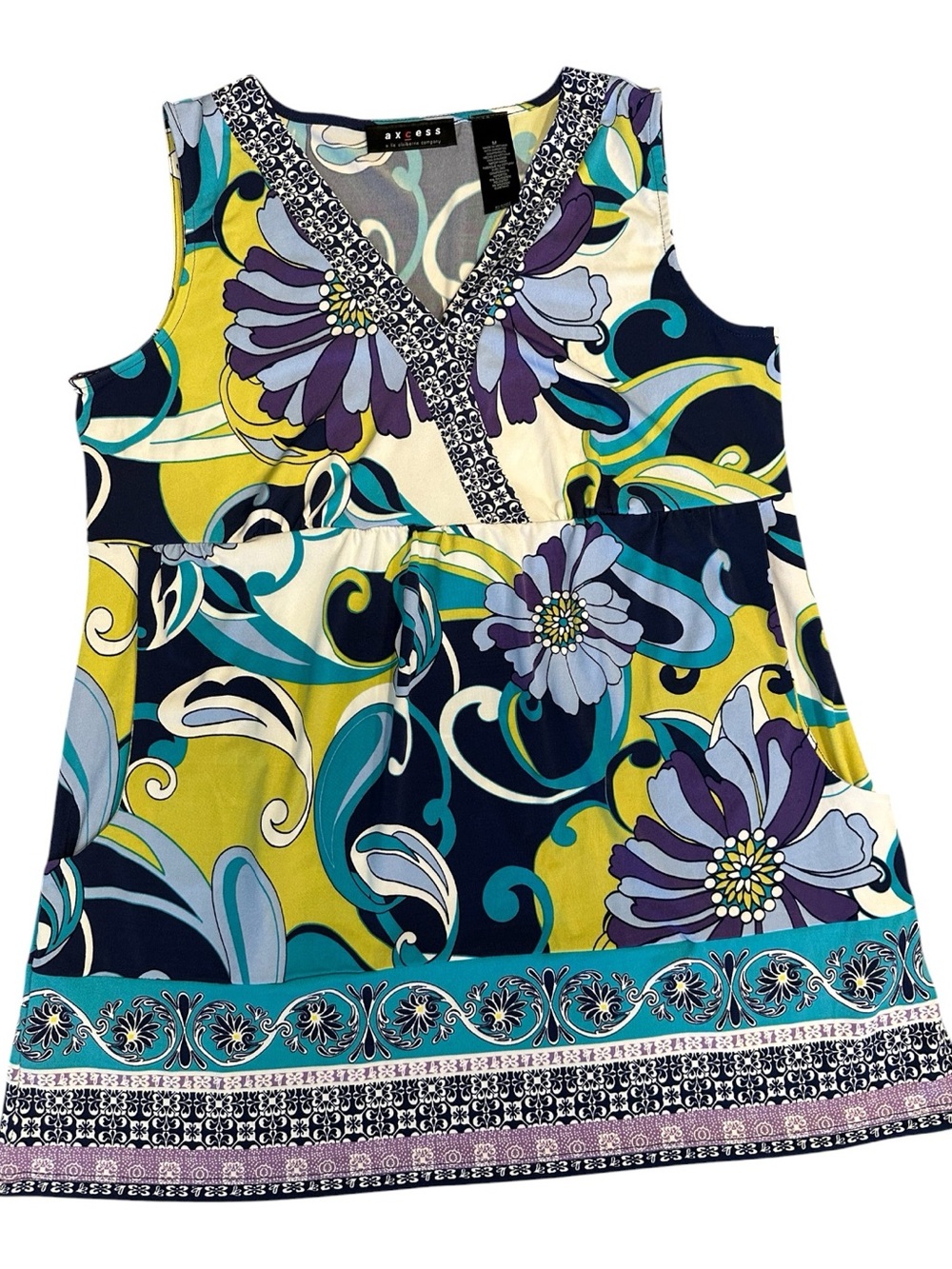 Axcess Liz Claiborne Floral V-Neck Tank Tunic in Teal, Navy & Yellow